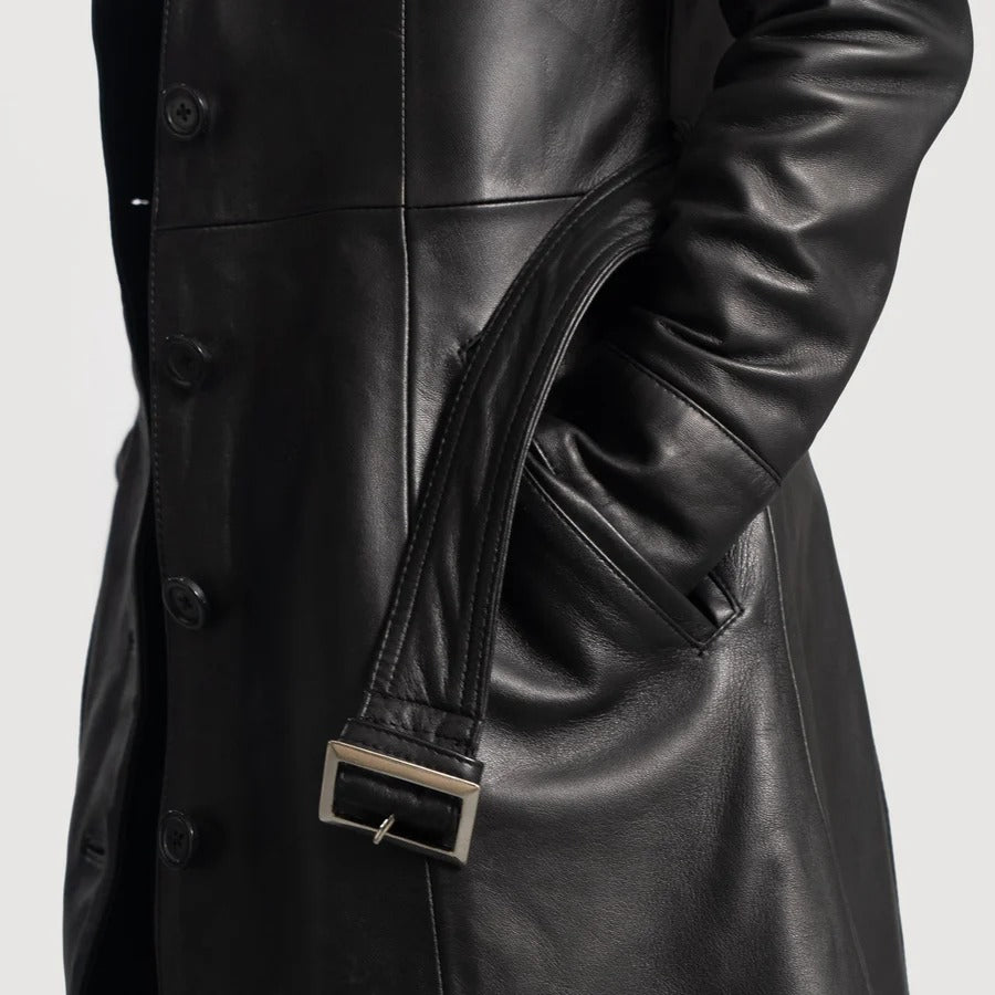 Women's Black leather Buttoned Closure Trench coat
