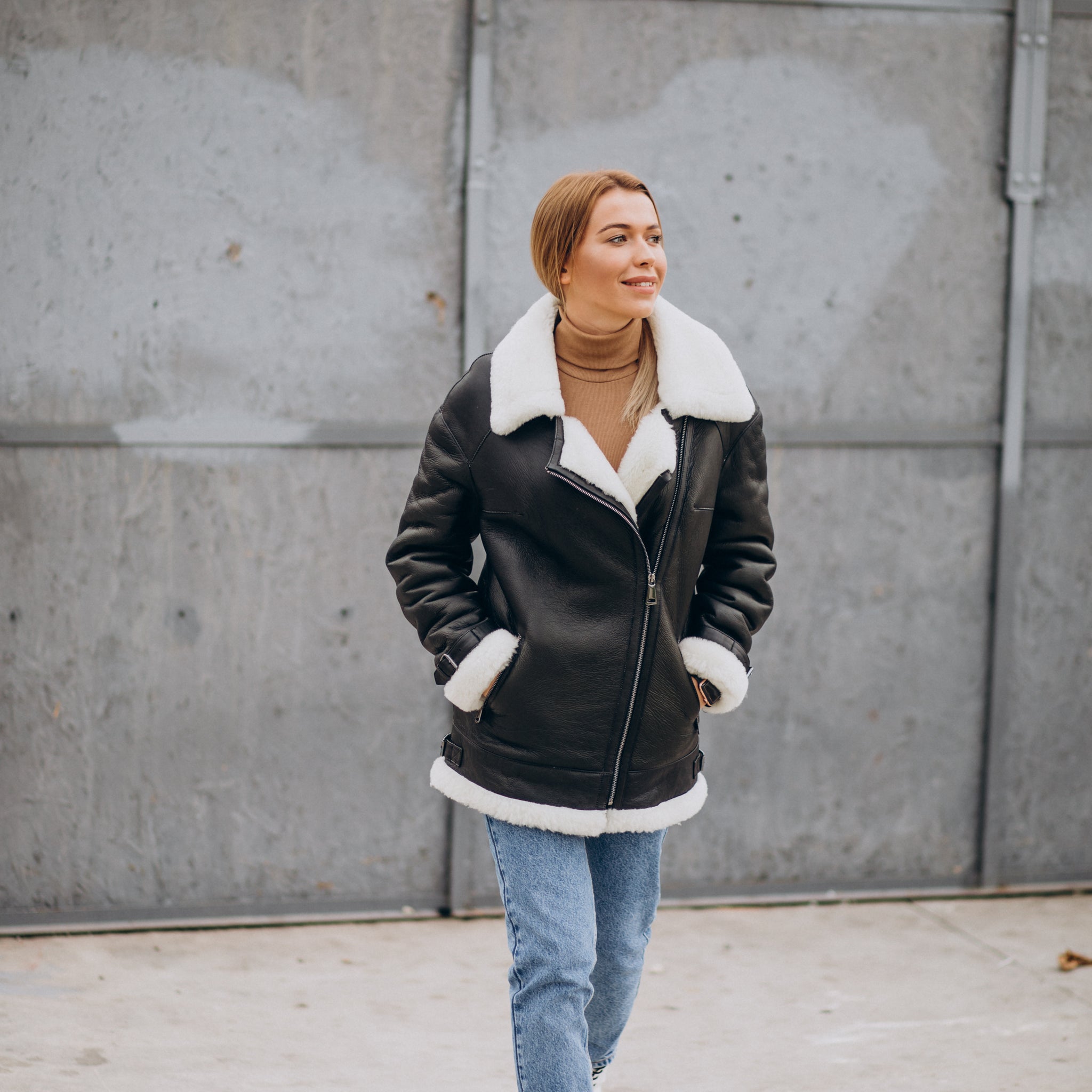 Women’s Black with White Fur Shearling Leather Jacket