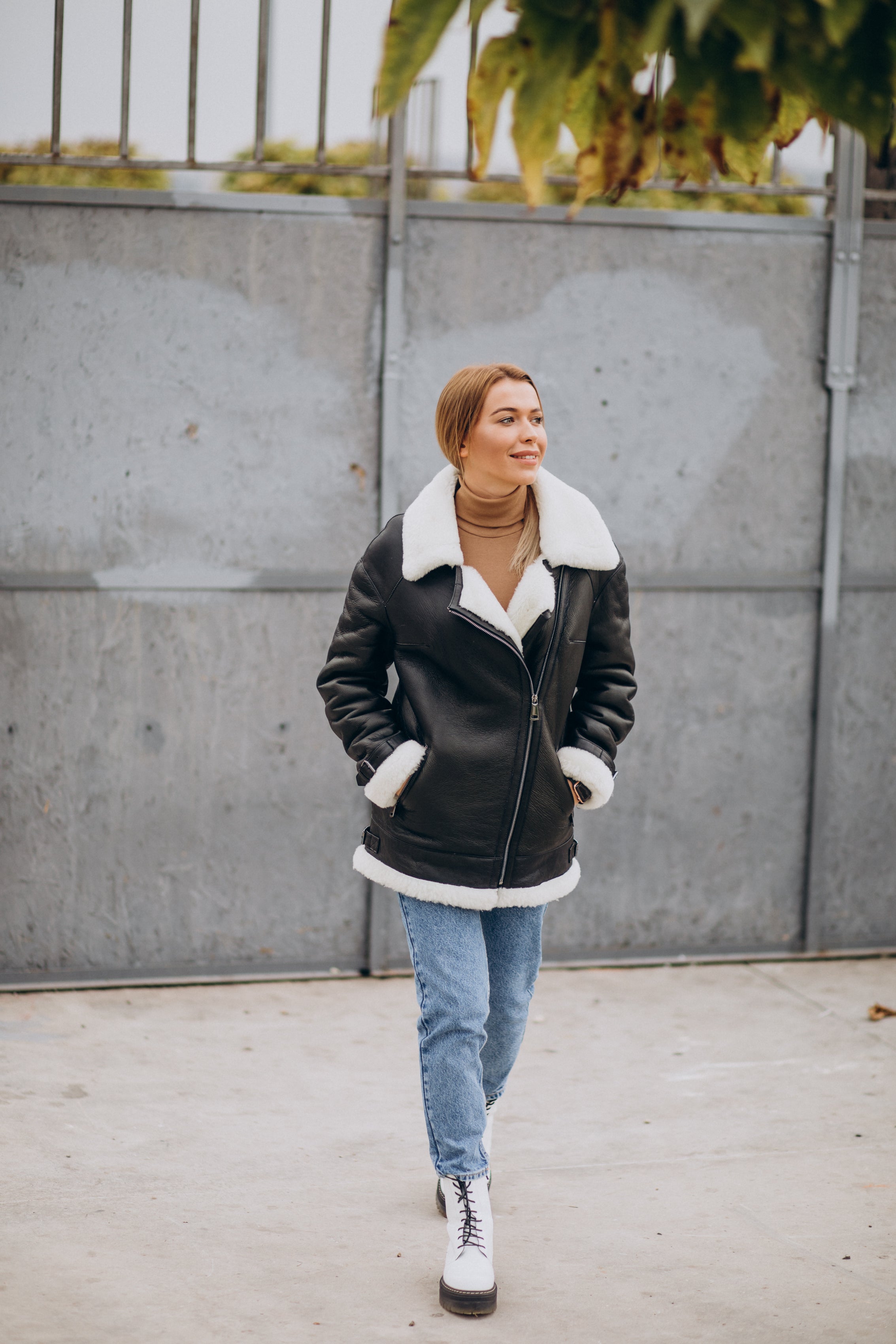 Women’s Black with White Fur Shearling Leather Jacket