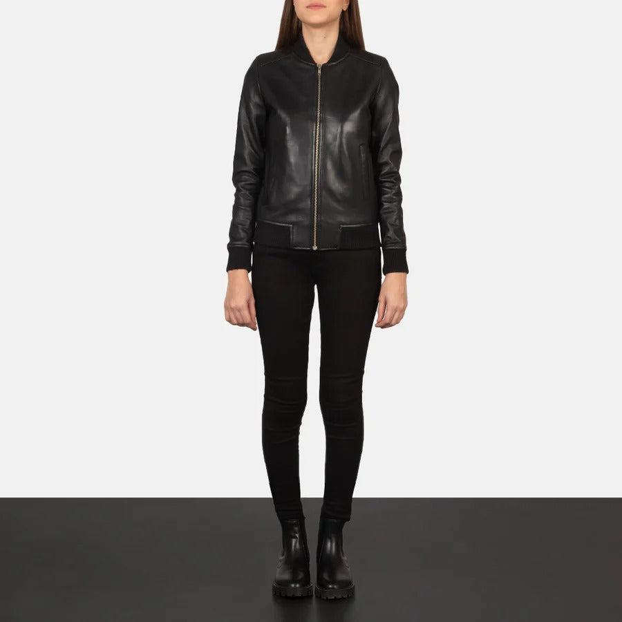 Women's Bliss Black Leather Bomber Jacket