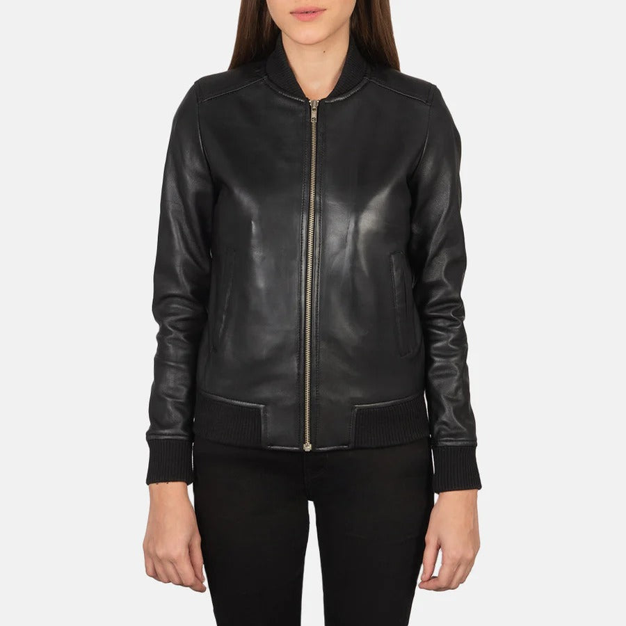 Women's Bliss Black Leather Bomber Jacket