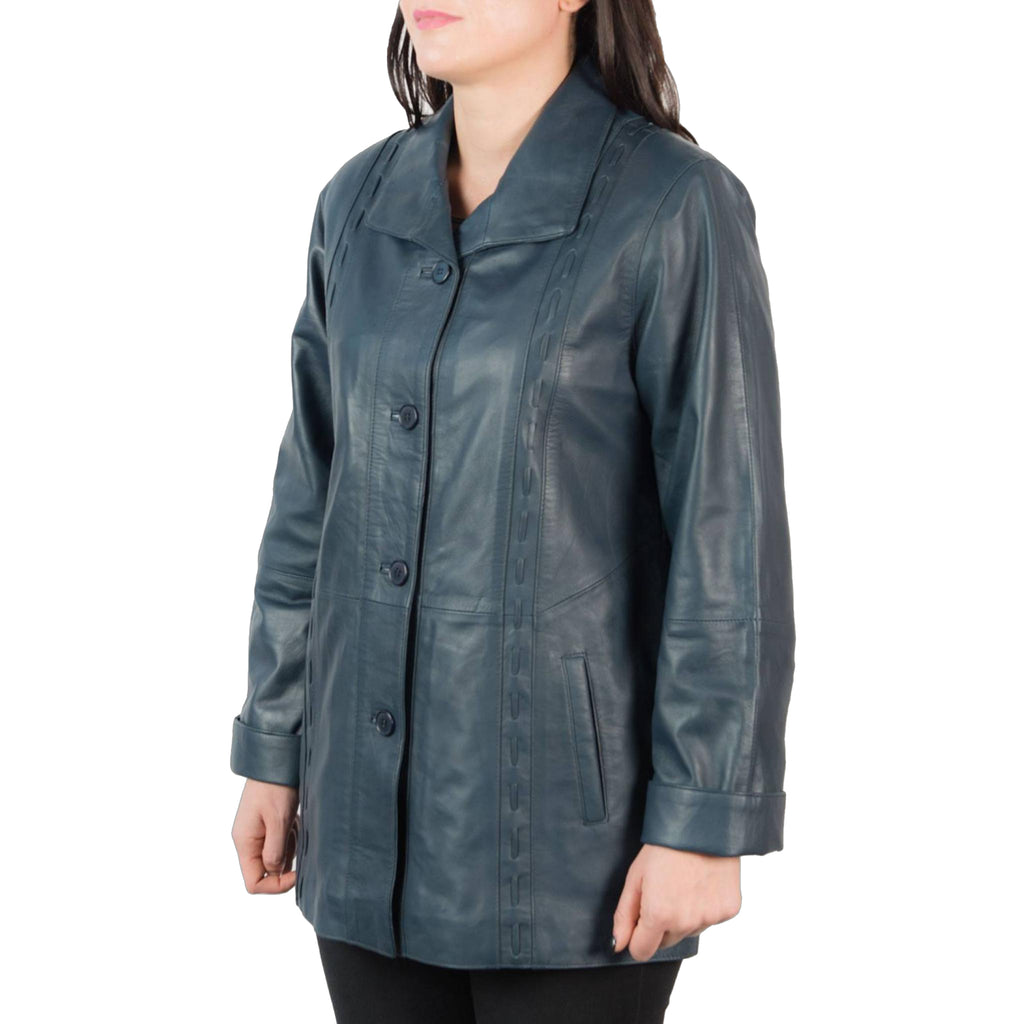 Women's Blue Comfort Fit Leather Coat