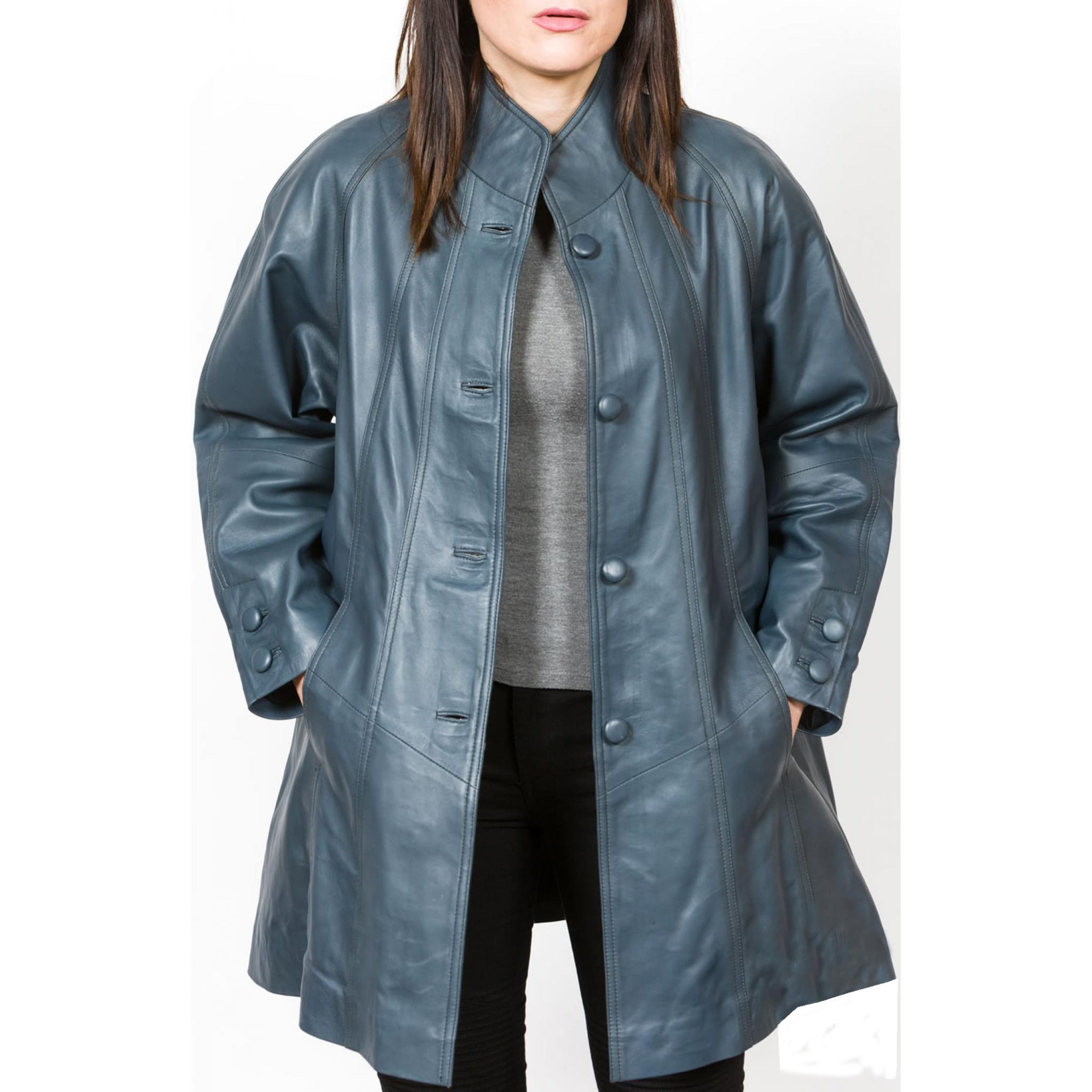 Women's Blue Loose Fit Leather Swing Coat