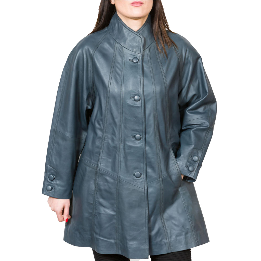 Women's Blue Loose Fit Leather Swing Coat