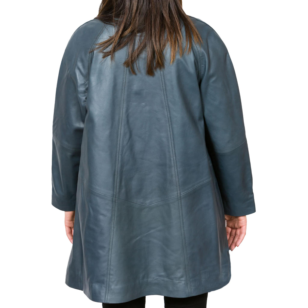 Women's Blue Loose Fit Leather Swing Coat