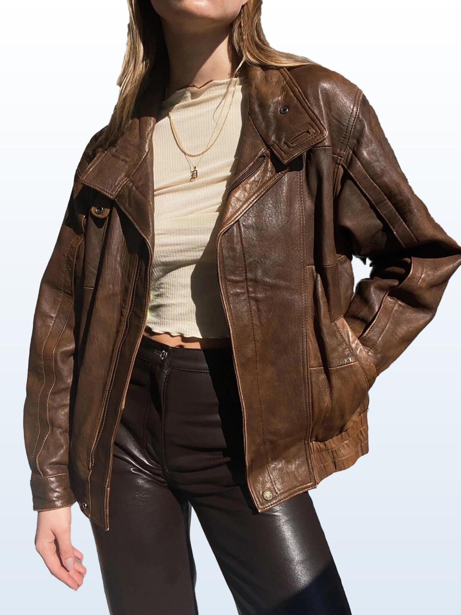 Women's Brown 1990s Handmade Retro Oversized Real Leather Jacket
