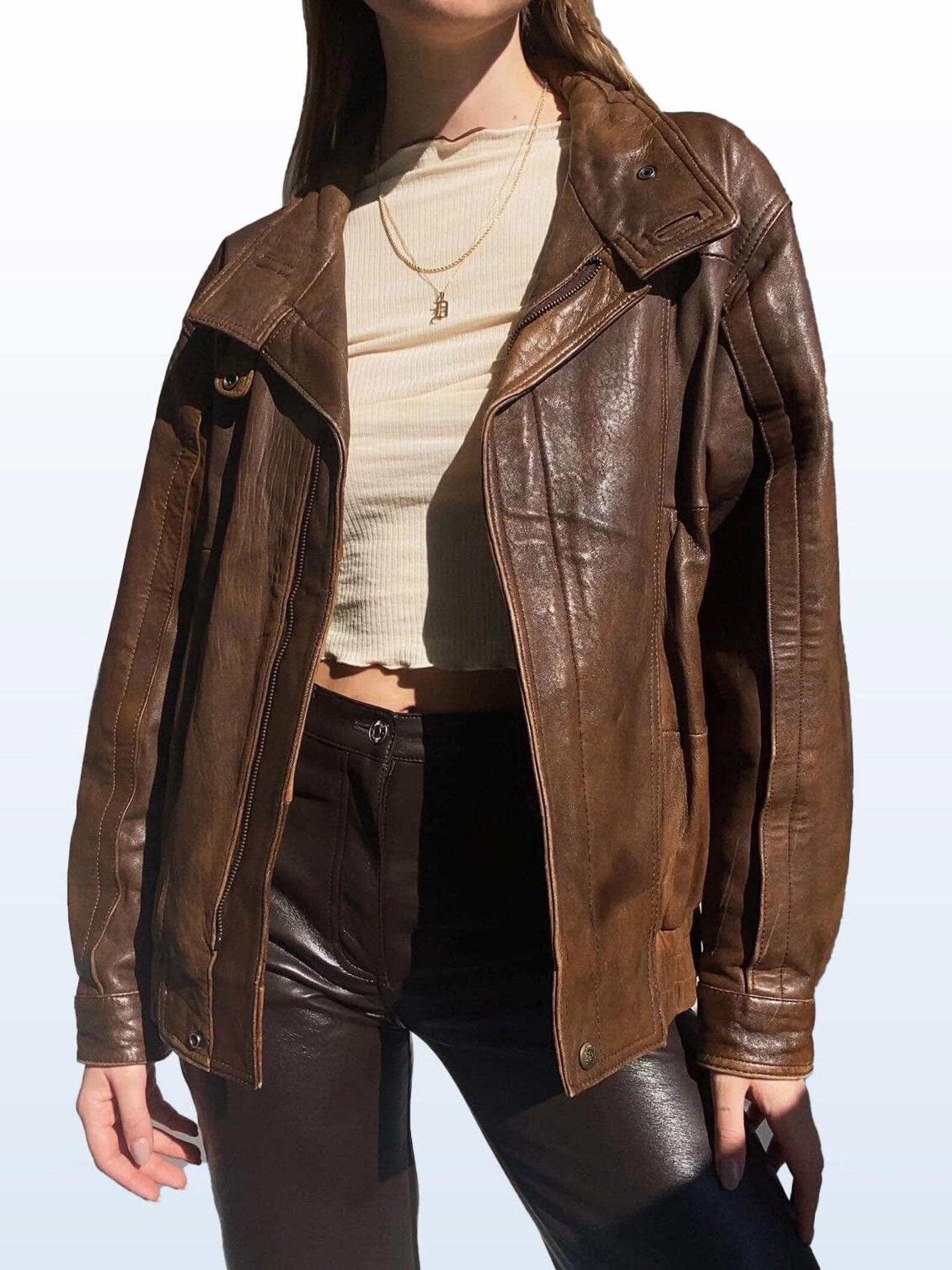 Women's Brown 1990s Handmade Retro Oversized Real Leather Jacket