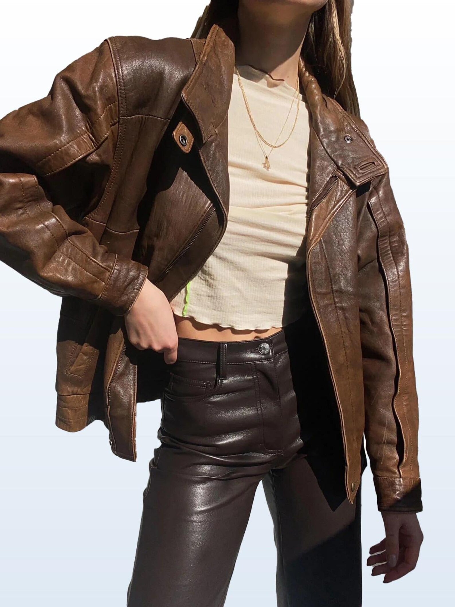 Women's Brown 1990s Handmade Retro Oversized Real Leather Jacket