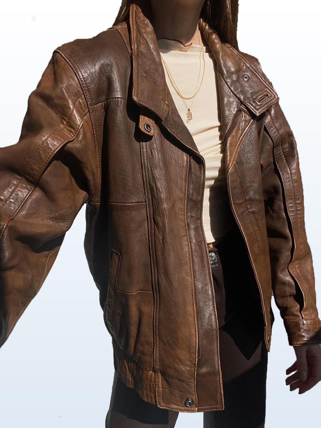 Women's Brown 1990s Handmade Retro Oversized Real Leather Jacket