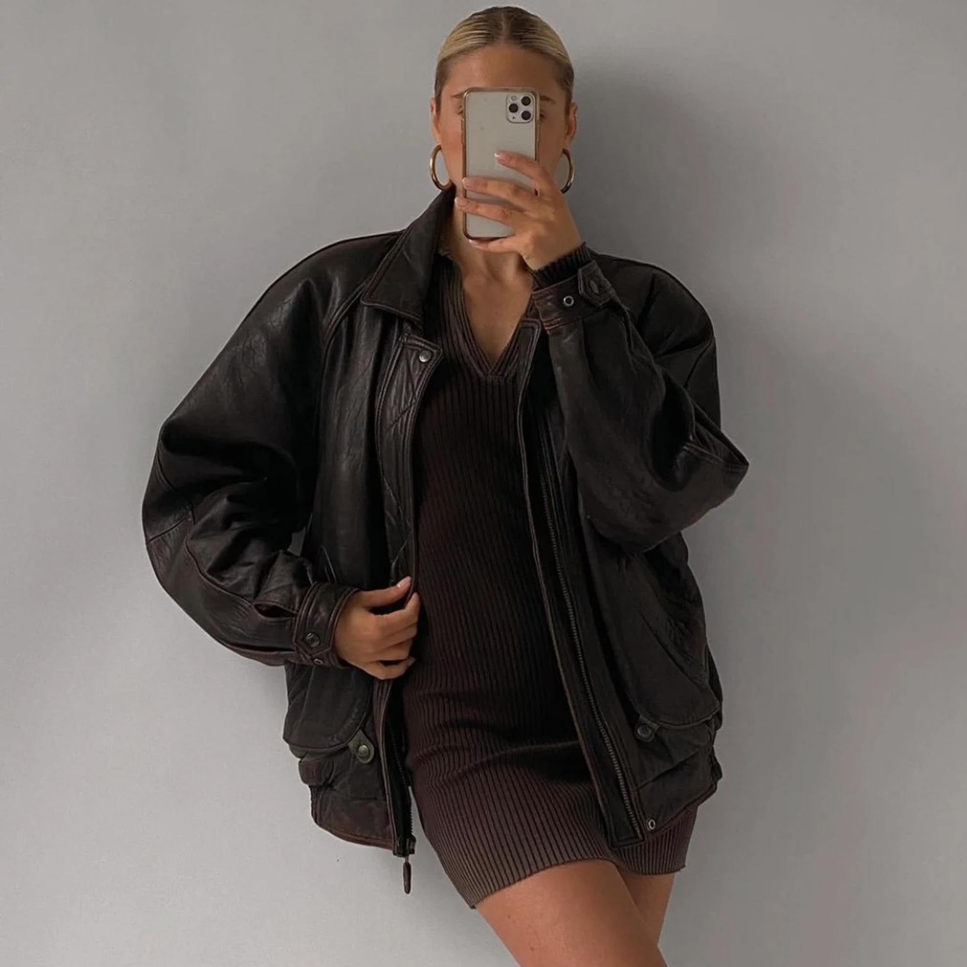 Women's Brown 90s Vintage Oversized Leather Jacket
