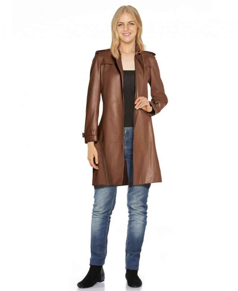 Women's Brown Adjustable Buckle Leather Trench Coat