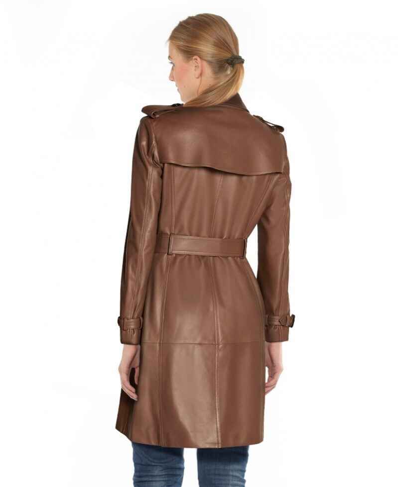 Women's Brown Adjustable Buckle Leather Trench Coat