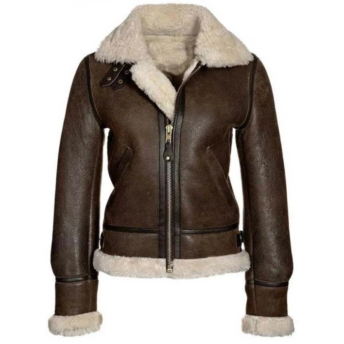 Women's Brown Aviator Distressed Shearling Leather Jacket