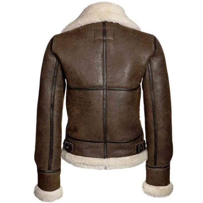 Women's Brown Aviator Distressed Shearling Leather Jacket