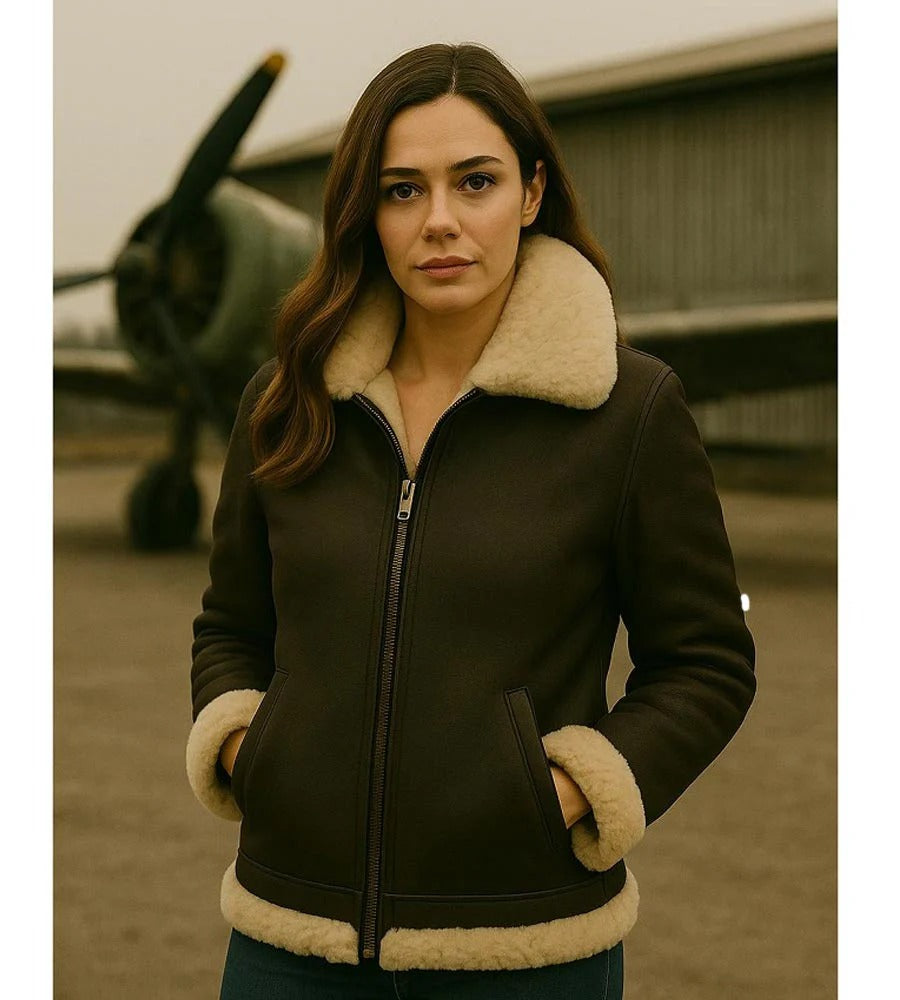 Women's Brown B3 Hooded Shearling Leather Jacket