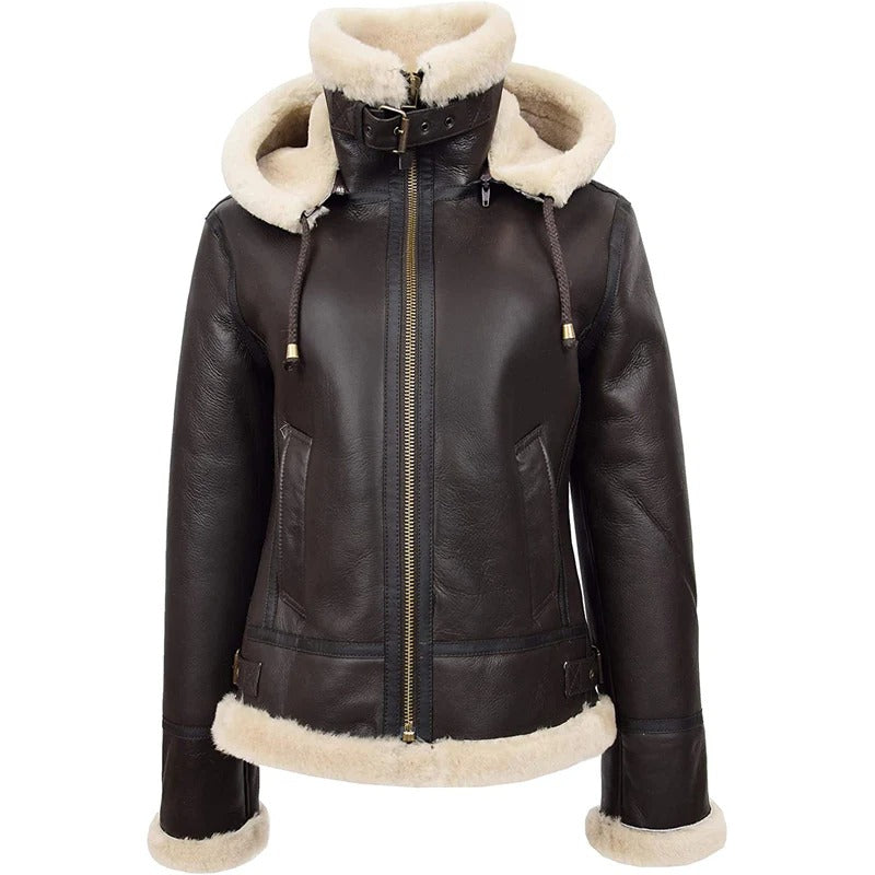 Women's Brown B3 Real Sheepskin Flying Hooded Shearling Leather Jacket