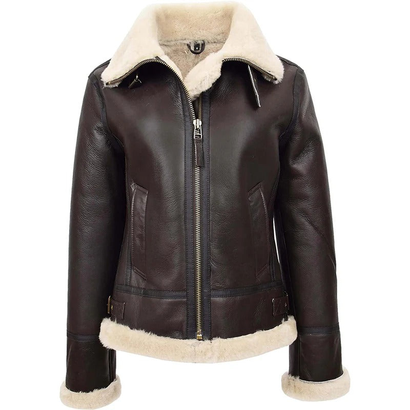 Women's Brown B3 Real Sheepskin Flying Hooded Shearling Leather Jacket