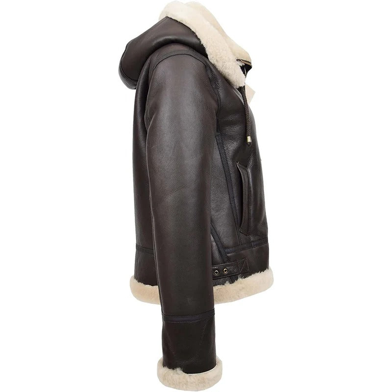 Women's Brown B3 Real Sheepskin Flying Hooded Shearling Leather Jacket