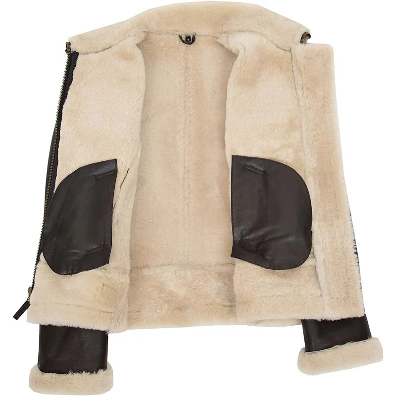Women's Brown B3 Real Sheepskin Flying Hooded Shearling Leather Jacket
