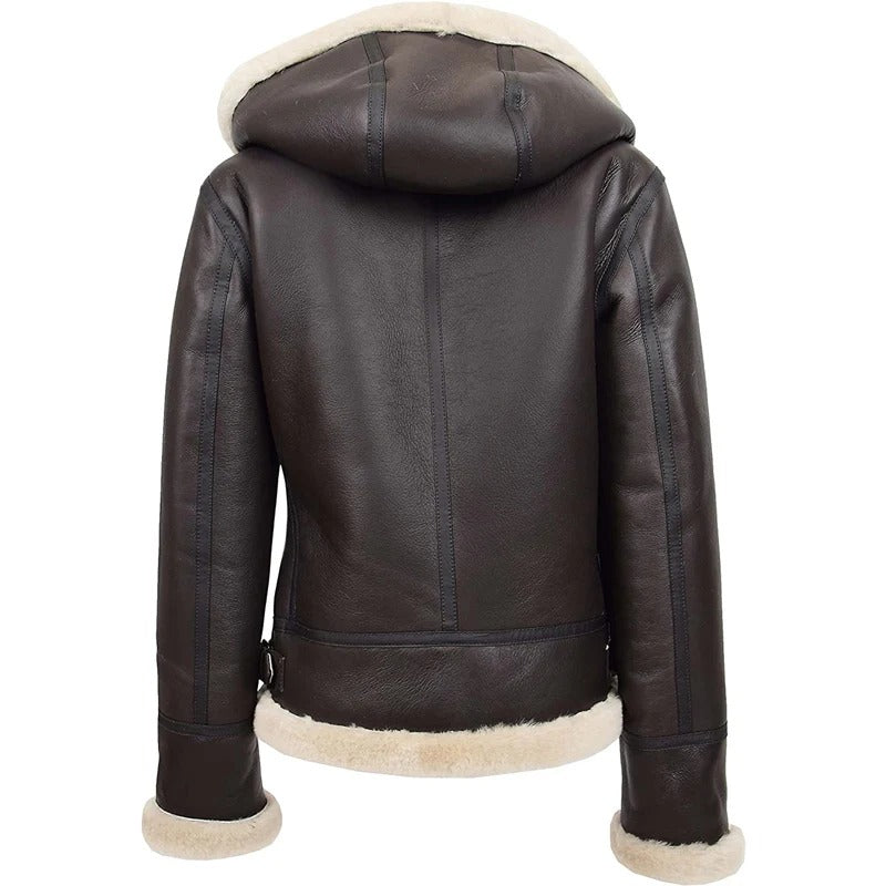 Women's Brown B3 Real Sheepskin Flying Hooded Shearling Leather Jacket