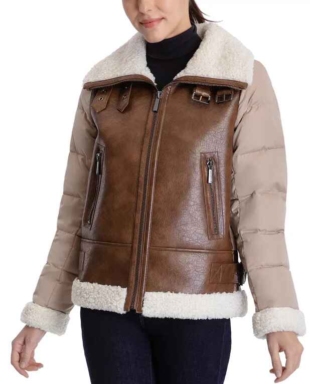 Women's Brown B3 Shearling Puffer Leather Jacket