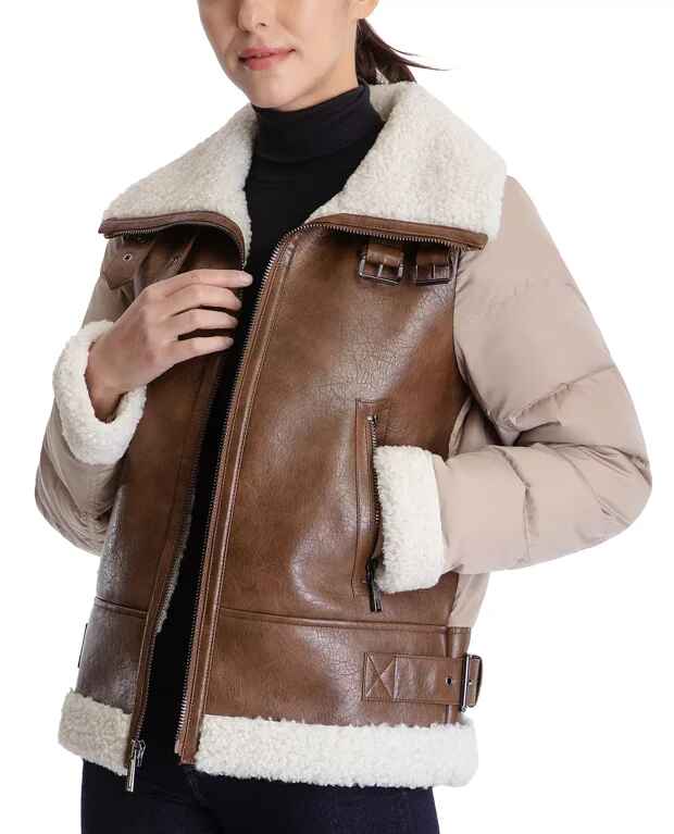 Women's Brown B3 Shearling Puffer Leather Jacket