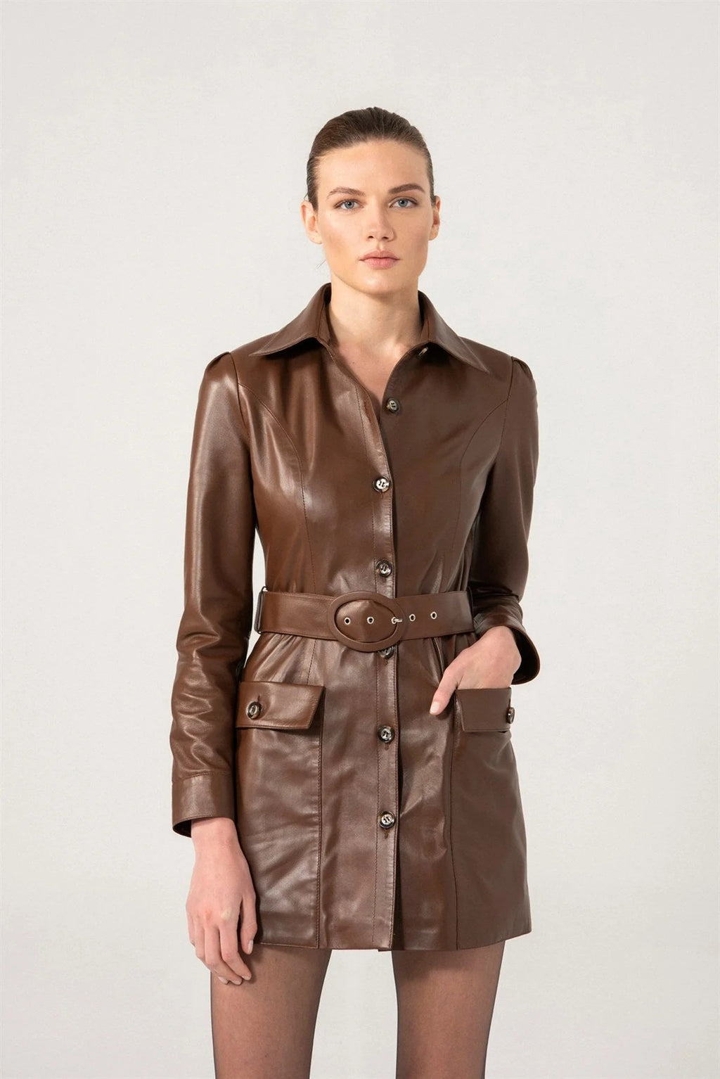 Women’s Brown Belted Closure Leather Trench Coat
