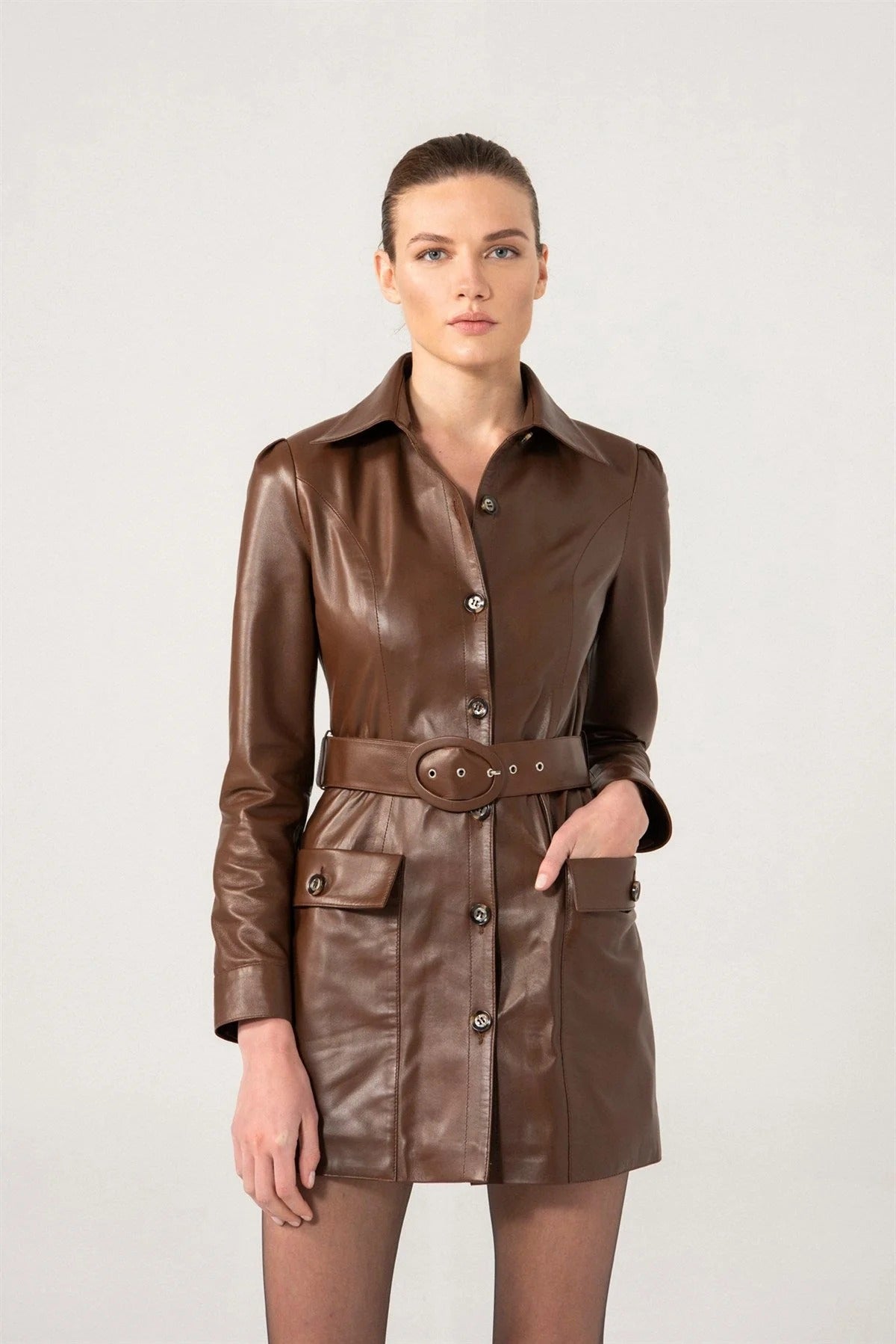 Women’s Brown Belted Closure Leather Trench Coat