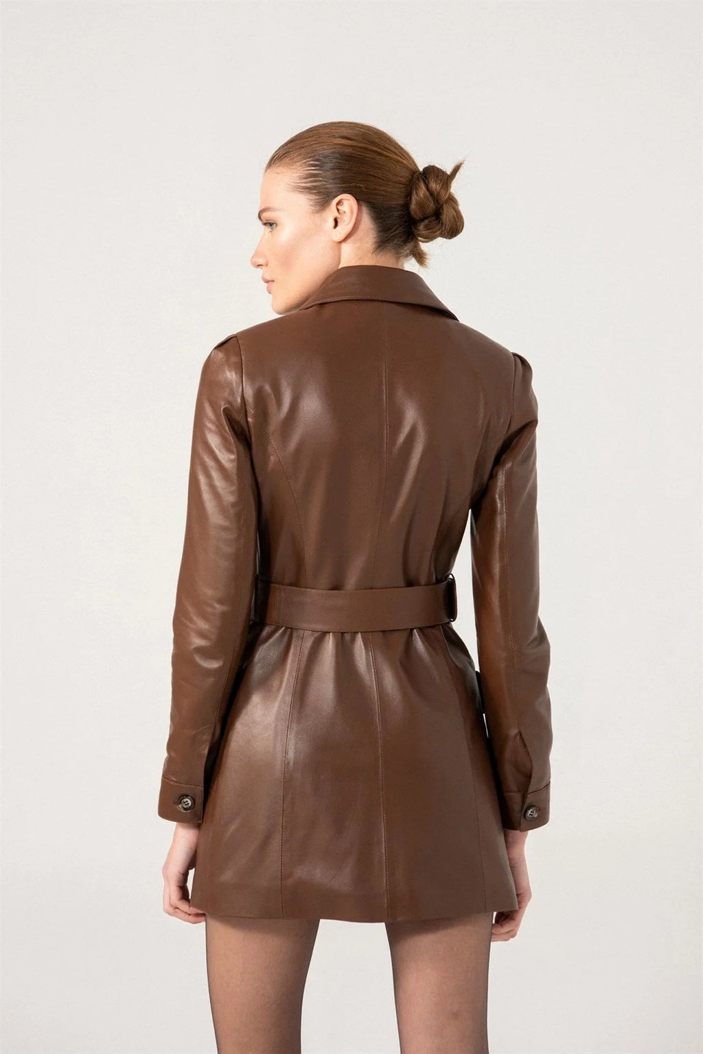 Women’s Brown Belted Closure Leather Trench Coat