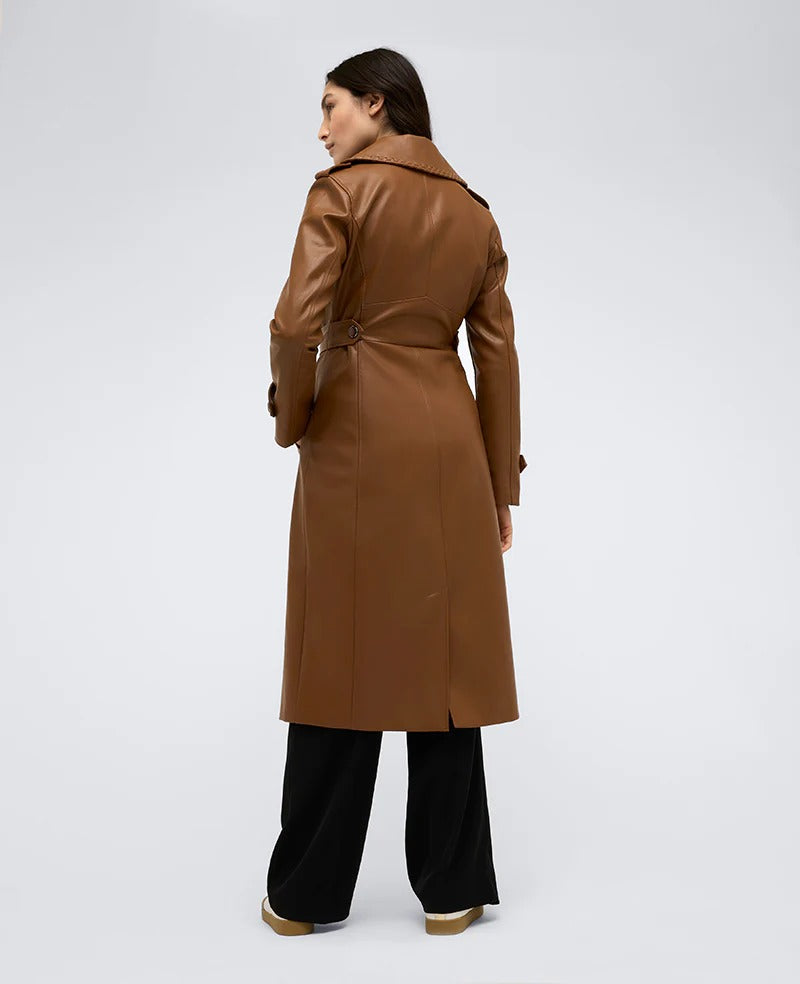 Women's Brown Belted Faux Leather Trench Coat