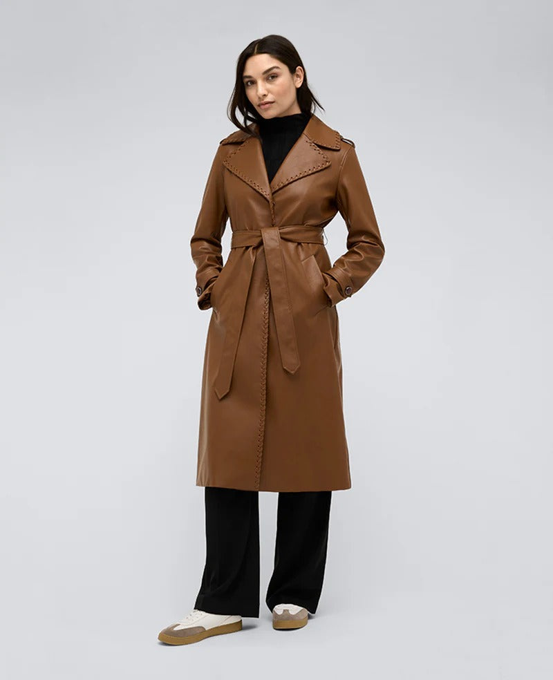 Women's Brown Belted Faux Leather Trench Coat