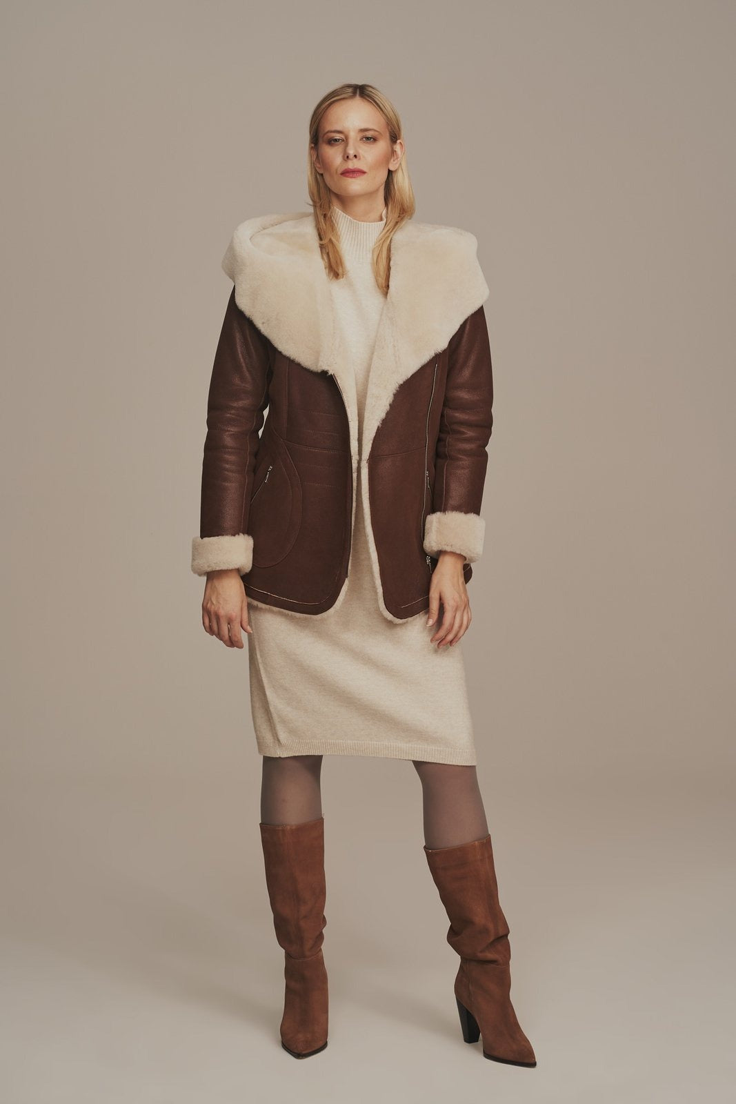 Women's Brown Big Collar Lambskin Shearling Leather jacket