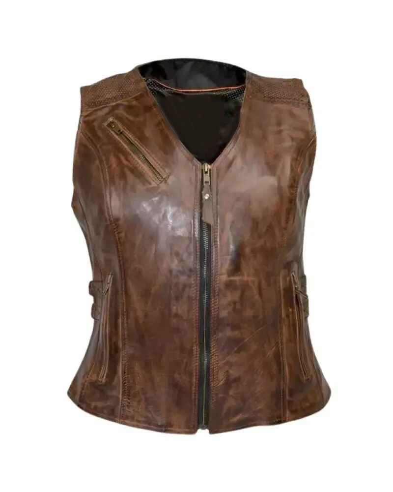 Women's Brown Buckled Vintage Leather Vest