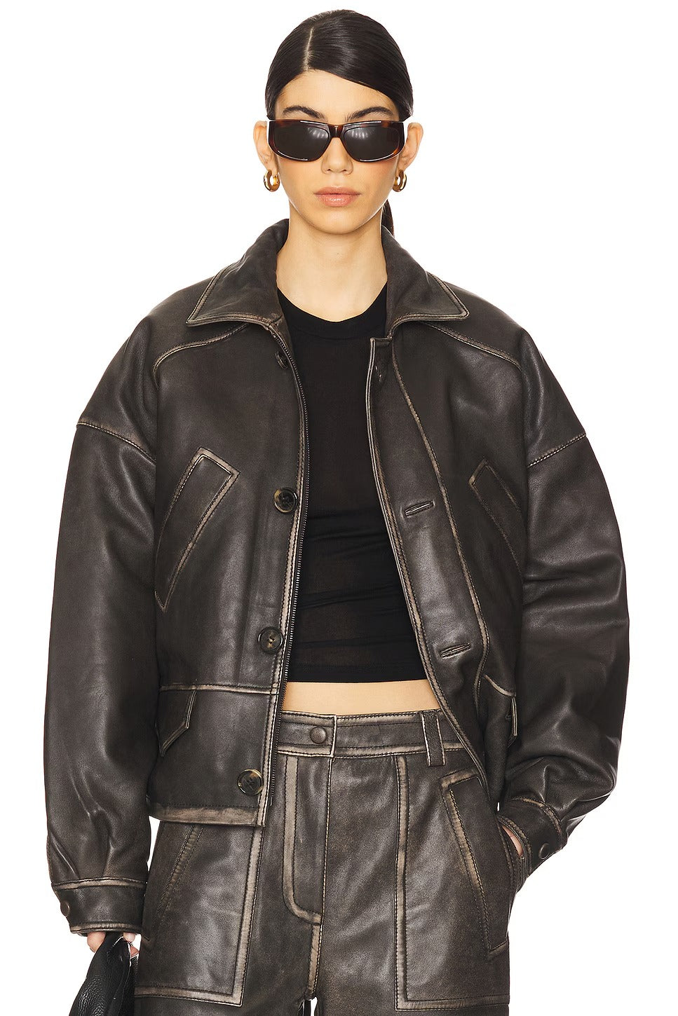 Women's Brown Button Closure Simple Leather Jacket