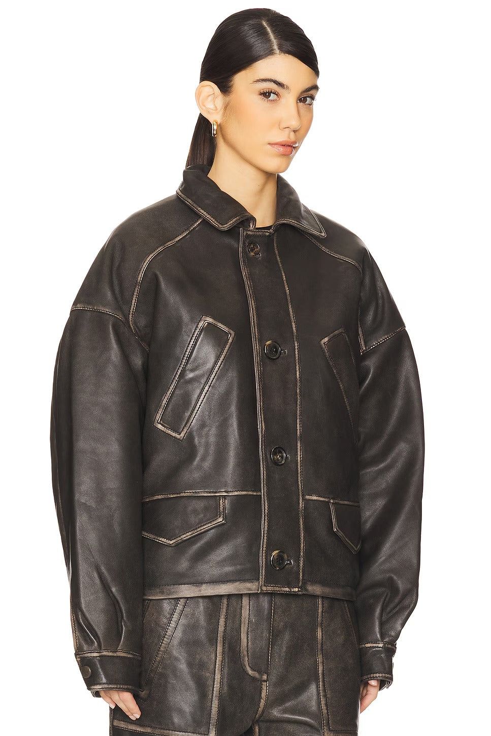 Women's Brown Button Closure Simple Leather Jacket
