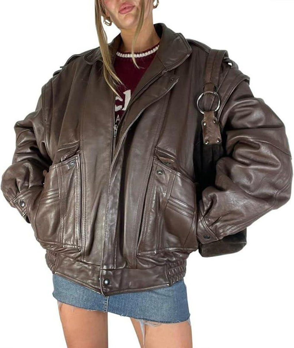 Women's Brown Casual Oversized Lambskin Soft Leather Jacket