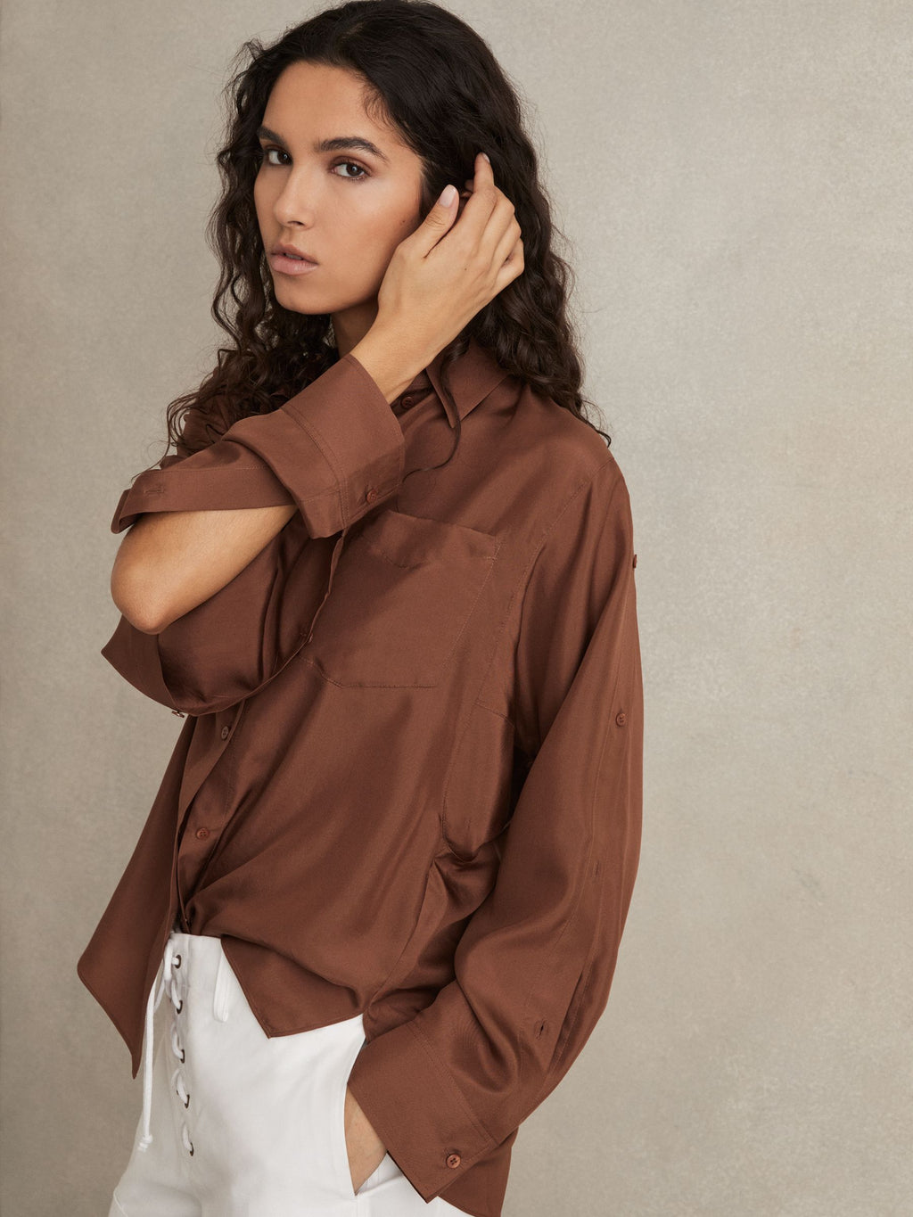 Women's Brown Classic Collar Adjustable Sleeves Shirt