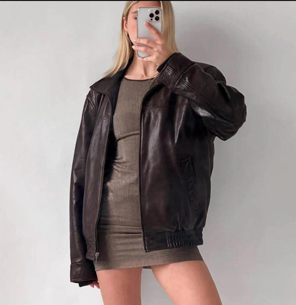 Women's Brown Classic Oversized Fit Sheepskin Leather Jacket