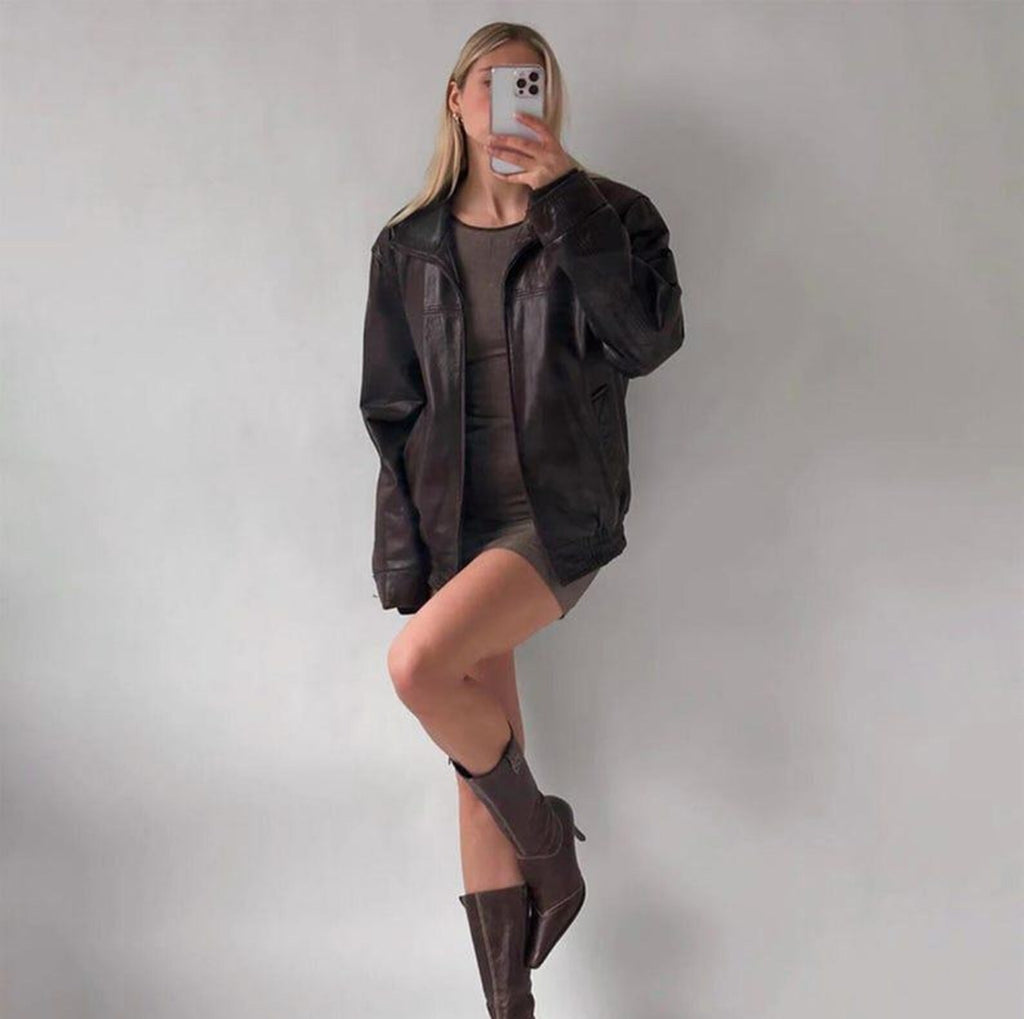 Women's Brown Classic Oversized Fit Sheepskin Leather Jacket