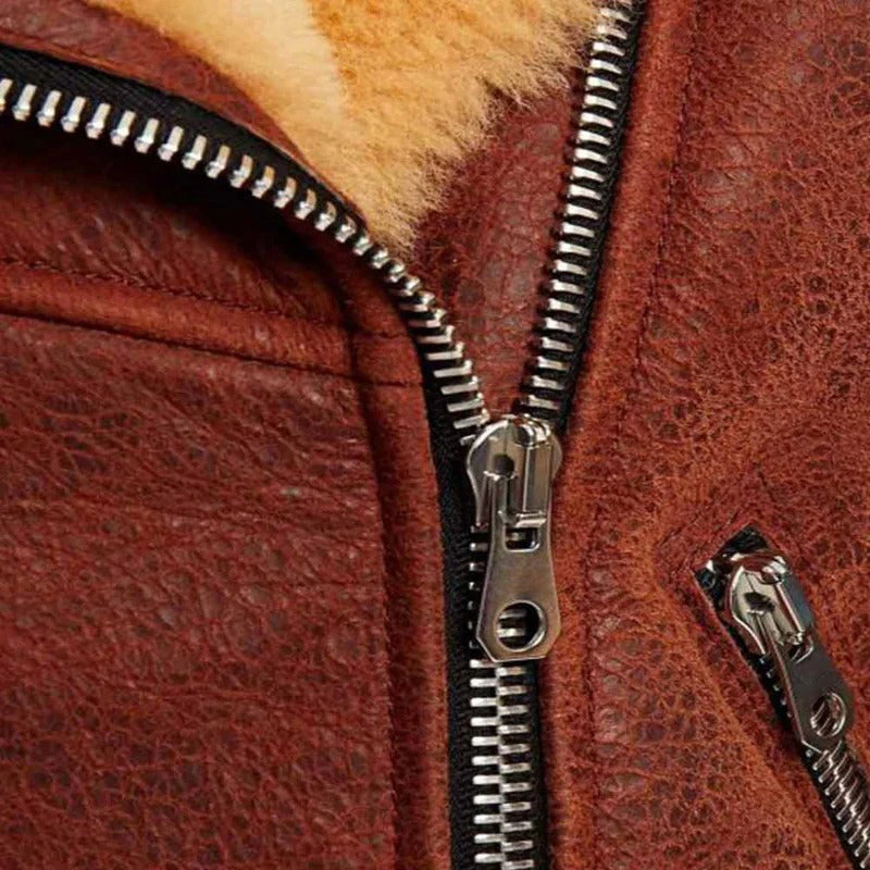 Women's Brown Collared Distressed Shearling Leather Jacket