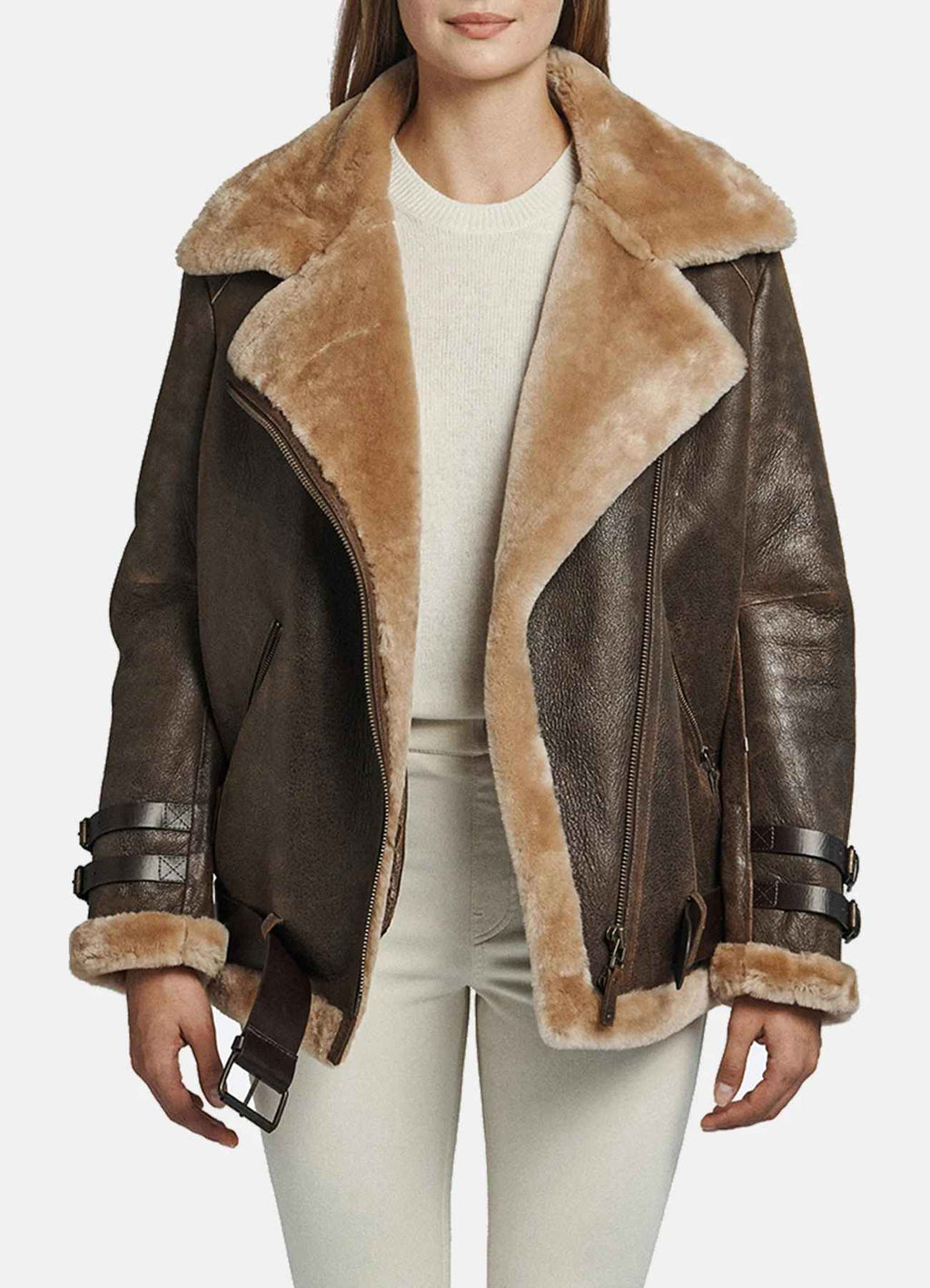 Women’s Brown Collared Shearling Leather Jacket