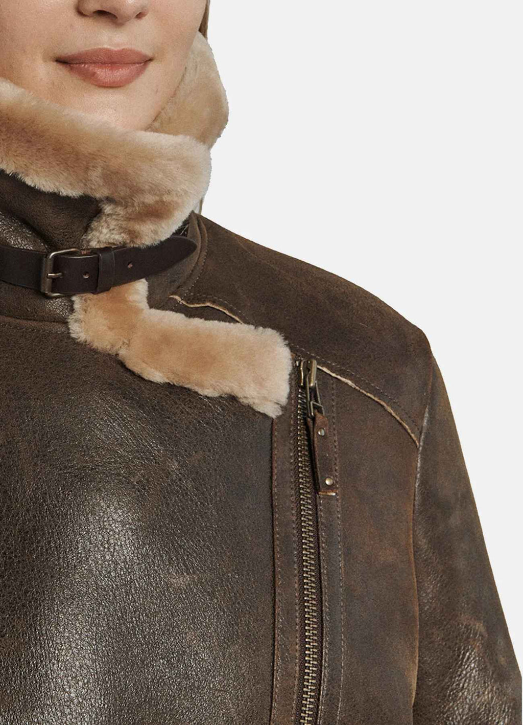 Women’s Brown Collared Shearling Leather Jacket