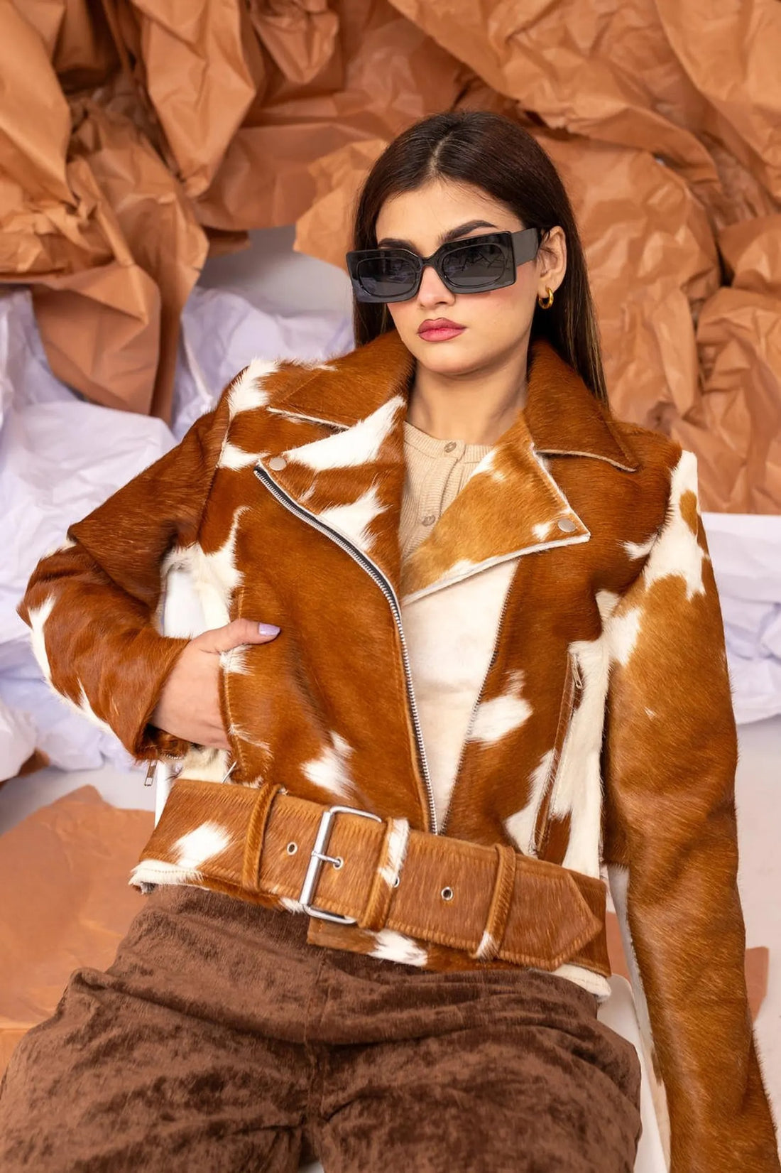 Women's Brown Cow Hair Leather Jacket