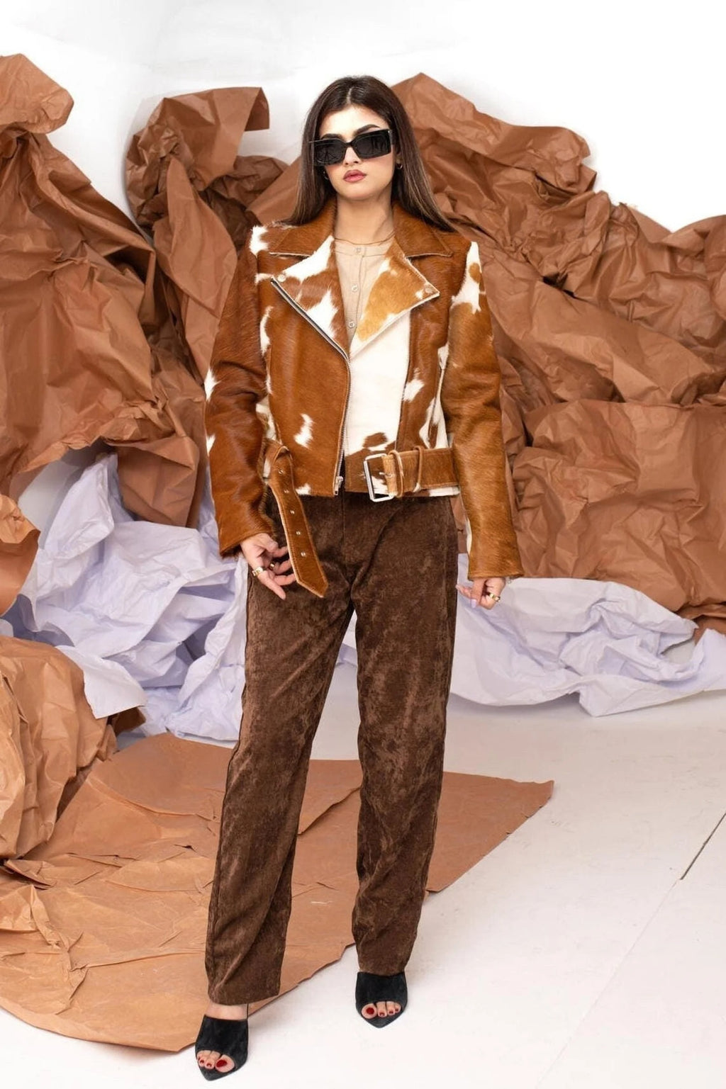 Women's Brown Cow Hair Leather Jacket