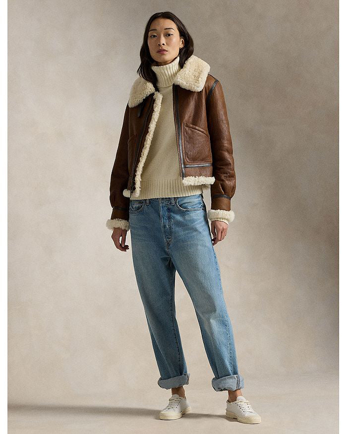 Women's Brown Double Belted  Leather Shearling  jacket