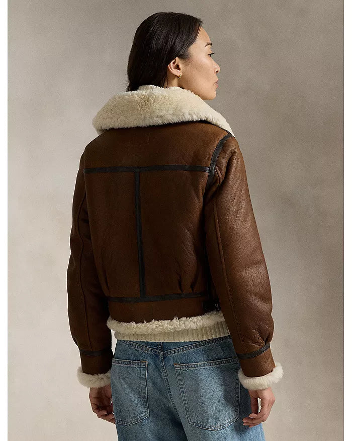 Women's Brown Double Belted  Leather Shearling  jacket
