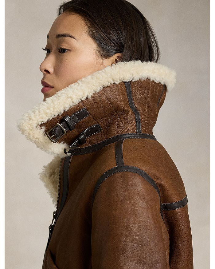 Women's Brown Double Belted  Leather Shearling  jacket