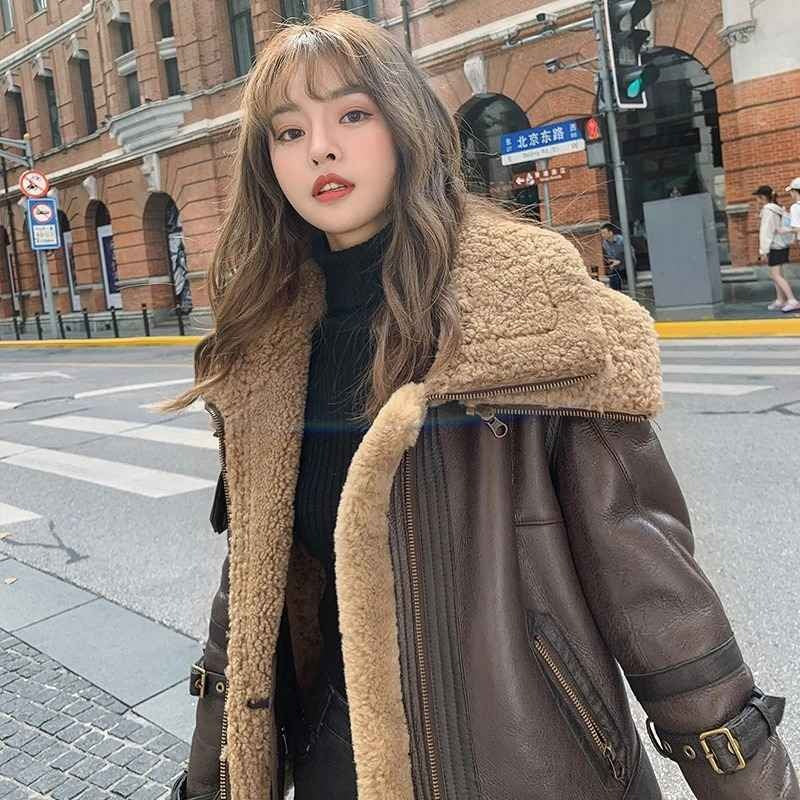 Women's Brown Double Collar Leather Shearling Jacket