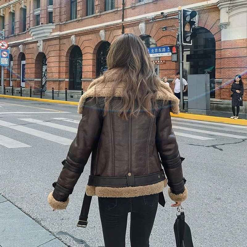 Women's Brown Double Collar Leather Shearling Jacket