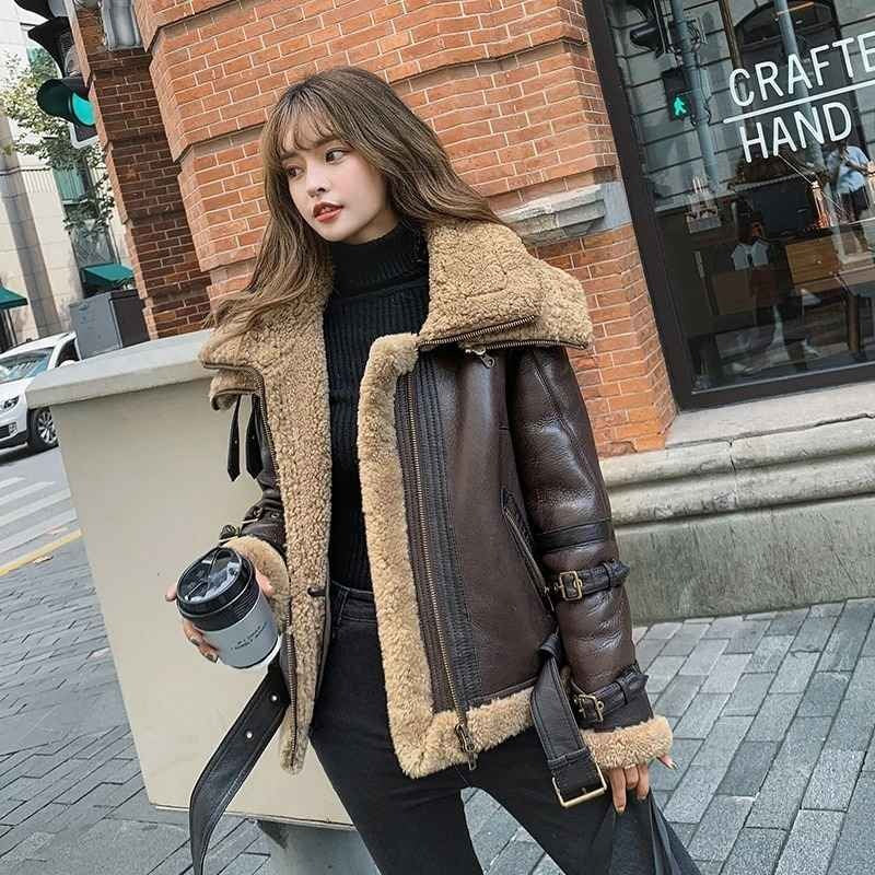 Women's Brown Double Collar Leather Shearling Jacket